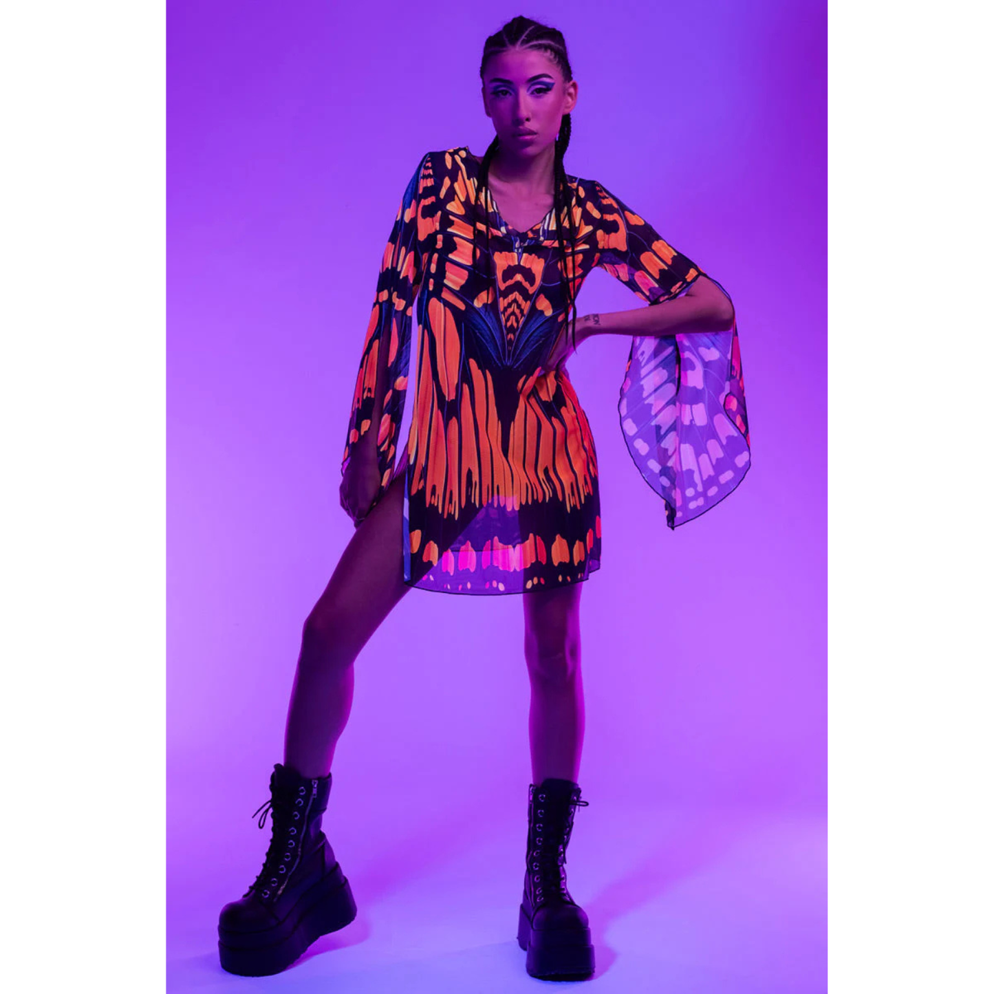 Monarch Butterfly Mesh Slit Mini Dress