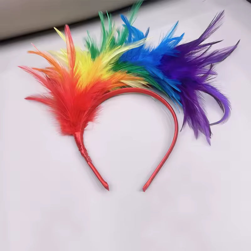 Colorful feathered headband on a white background