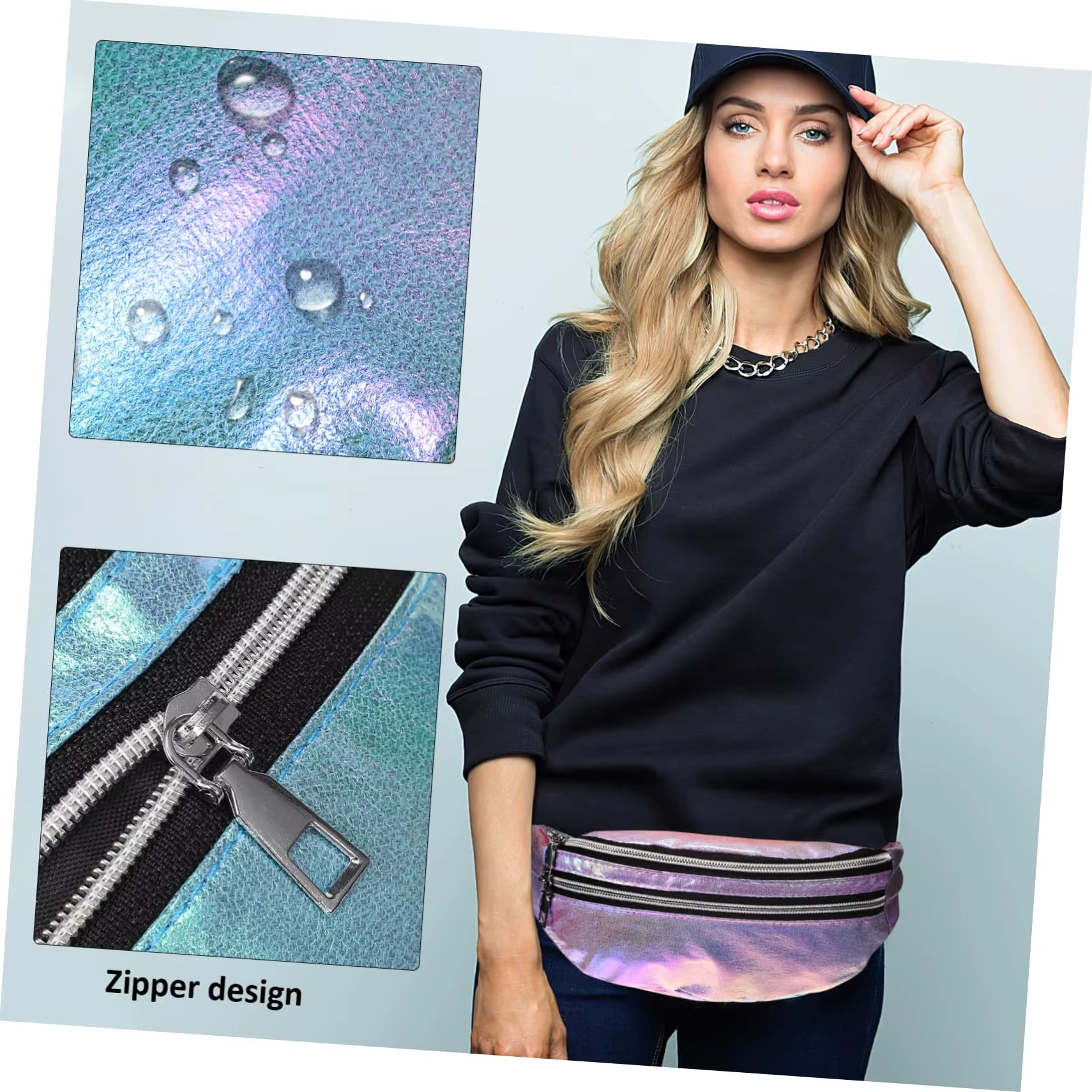 Woman wearing a black sweatshirt and iridescent fanny pack with close-up details on a light gray background.